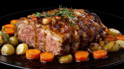 Poster - Freshly cut raw meat served with carrots and potatoes on a black plate, great for food photography or editorial use