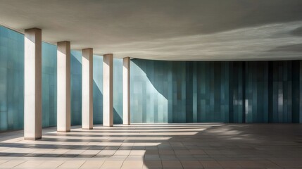 Aufkleber - 直線的な柱と青い壁が織りなす抽象的空間 明るい日差しと影が作り出す幾何学模様の風景
