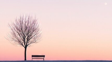 Wall Mural - lone bench in field under tree, half moon in sky