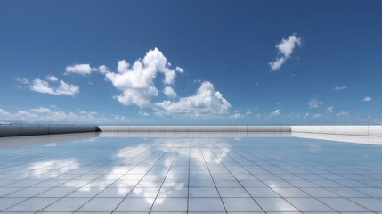 Aufkleber - 晴天の青空と雲が水面に映る広角パノラマ風景 水平線の反射とコントラストのある屋外写真