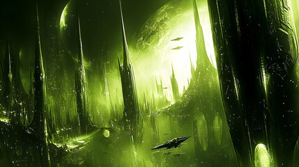 Wall Mural - alien city landscape, futuristic spaceships, green planet, digital art, sci-fi background