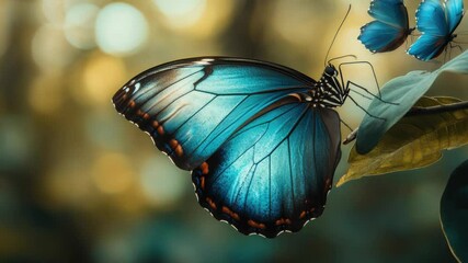 Poster - A small blue butterfly perched on the edge of a green leaf, surrounded by foliage