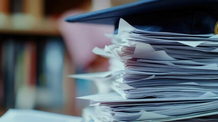 Poster - A stack of papers with a graduation cap on top, often used in academic or professional contexts to symbolize achievement and accomplishment