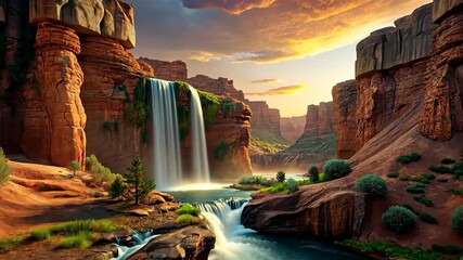 Poster - Breathtaking sunset over cascading waterfalls in a majestic canyon landscape Generative AI