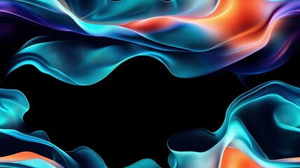 Wall Mural -  A bicolor image featuring a blue, orange, and pink wave pattern on the left side against a black background, and a blue and orange wave pattern on the right side