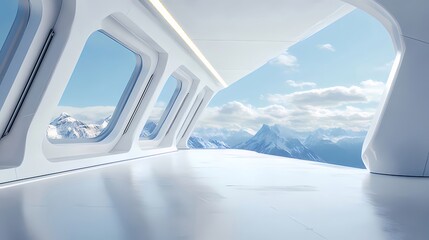 Aufkleber - 未来的な白い空間と窓から見える雪山と青空のパノラマ 風景写真 明るい日中のミニマルな建築デザイン