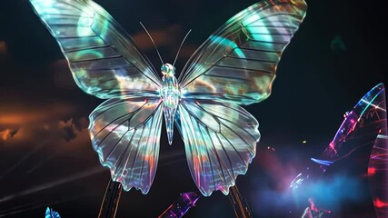 Poster - Beautiful illuminated butterfly sculpture dances in colors at night art installation Generative AI