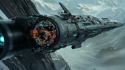 Poster - A stunning spacecraft hovers near a rugged mountain range, illuminated by vibrant lights against a backdrop of peaks and clouds