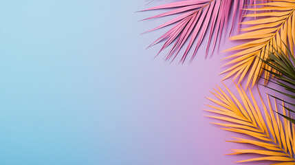 Poster - Tropical palm leaves in vibrant neon gradient, holographic colors. minimal art concept.