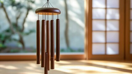 Poster - A detailed view of a wind chime hanging from the ceiling, with intricate details and soft lighting