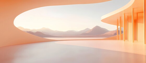 Poster - オレンジ色の風景と建物内の光と影の穏やかな風景 パノラマビューと山々