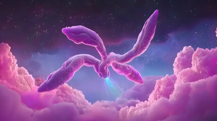 Wall Mural - cosmic organism soaring through nebula, pink cloudscape background. sci-fi concept art, ideal for fa