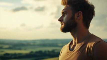 Poster - A man with a beard standing in a field, looking out at the viewer