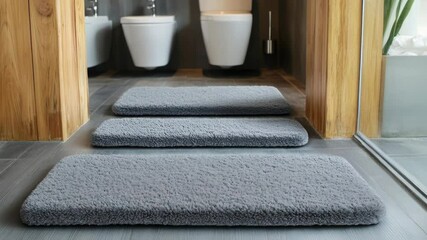 Aufkleber - A photograph of a bathroom with a toilet and two rugs on the floor