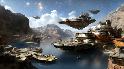 Wall Mural - futuristic spaceships docked at desert canyon port, stars visible, background shows rocky landscape,