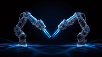 Aufkleber - 青い光を放つロボットアームのデジタル表現 黒背景に未来的な技術概念