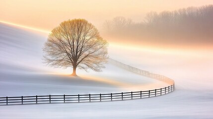 Wall Mural -   A solitary tree stands atop a snow-covered hill against a foggy backdrop with a fence in the foreground