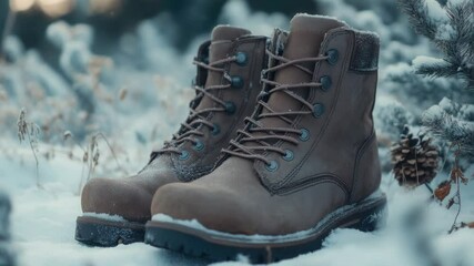 Poster - A pair of brown boots sitting on top of snowy ground, ready for winter adventure