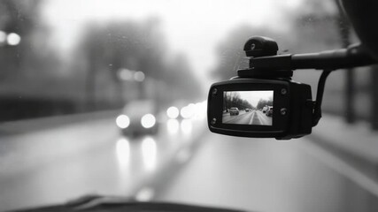 Poster - A car's rear view mirror with a car visible in the background, ideal for travel or transportation themed projects