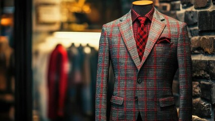 Poster - A mannequin dressed in a suit and tie stands in front of a brick wall
