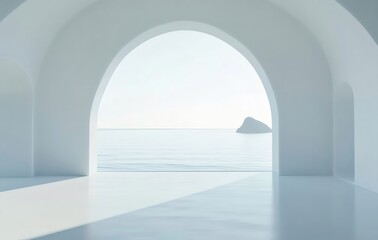 Aufkleber - 白いアーチ型の構造物からの海と空の風景 夏の日中の明るい自然光と穏やかな水面