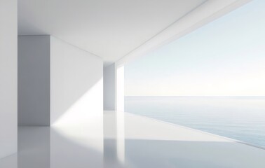 Aufkleber - 白い空間と海のパノラマビュー 明るい日差しと反射する光によるミニマルなデザイン