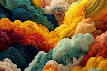 Poster - Volumetric Vibrant Colored Strands Forming Cloud-like Abstract Landscape Composition; Great for Backgrounds or Visual Texture