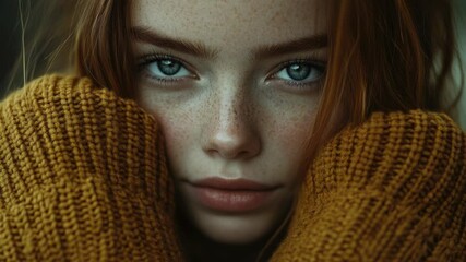 Poster - Close-up portrait of a woman with distinctive freckles on her face