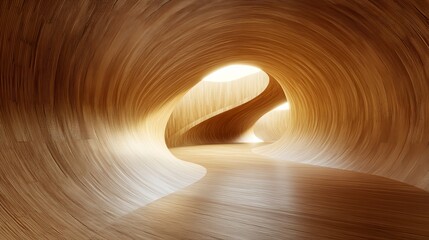 Poster - Abstract Wooden Tunnel Interior Design Modern Architecture Smooth Curves Warm Light Golden Brown Wood Texture Background Elegant Room Space 3D Render Illustration art    