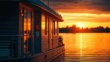 Poster - A houseboat floating on calm water at sunset