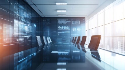 Aufkleber - 未来的な会議室のインテリア デザイン 光り輝く窓とガラス張りの壁 青い光と影の調和した空間