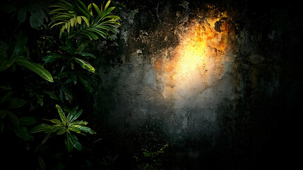 Wall Mural - tropical foliage illuminates a weathered wall at night; perfect for mysterious backgrounds