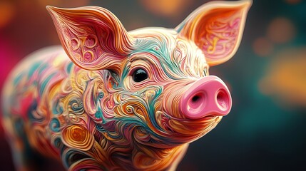 Poster - Vibrant Colorful Pig Abstract Art Digital Painting Swirls Artistic Piglet Whimsical Detailed Illustration Cute Animal Portrait Modern Design Graphic Resource Trendy      