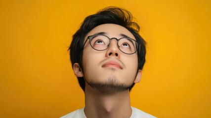 Poster - A person wearing glasses looking up towards something, possibly a window or ceiling fixture