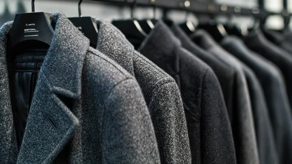 Aufkleber - A single coat hangs on a rack in a modern clothing store