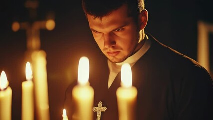 Aufkleber - A person lights candles in a peaceful church setting