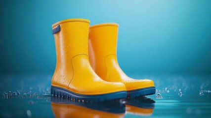 Poster - A pair of bright yellow rain boots sit atop a small puddle of water, ready for use