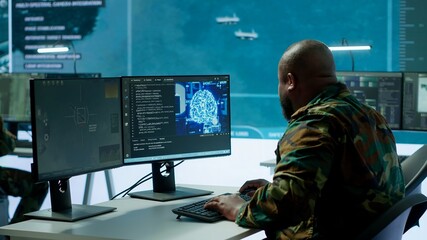 Poster - Cloud computing expert using new technology AI brain to learn intelligence for national defense missions, operating laptop to gather information from cctv systems. Neural network. Camera A.