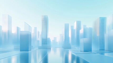 Poster - 青い都市景観の抽象的な3Dレンダリング 都会的未来的な建物が並ぶ光と影のあるデザイン