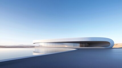Poster - 白いモダンな建築と青い空と湖の風景 幾何学的なデザインとミニマルな構造が特徴 屋外の日中の美しい景色