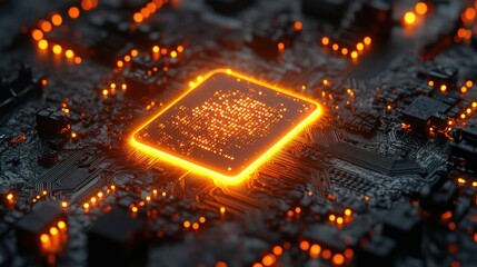 Poster - Illuminated Circuit Board: A Glowing Microchip's Intricate Design