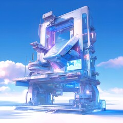 Poster - 未来的な白い建造物が青い空と雲を背景にそびえ立つデジタルアートデザイン
