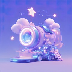 Poster - パステルカラーのカメラと星と雲のファンタジーイラスト 輝く光と幻想的なデジタルアート 青とピンクの背景にロマンチックなデザイン