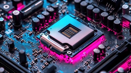 Poster - Close-up of a Computer Motherboard with CPU Socket, vibrant pink and blue LED lighting, showcasing intricate circuitry and components. High-tech digital technology.