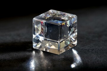 Poster - Faceted Crystal Cube with Light Reflections on Black Velvet Background