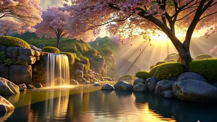 Poster - Serenity unfolds in a magical landscape with cherry blossoms, gentle waters, and the golden glow of dawn breaking Generative AI