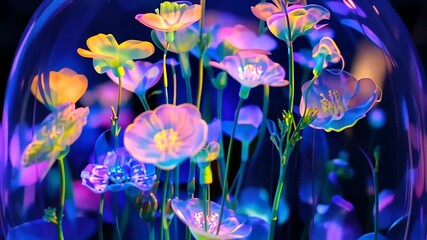 Poster - Magical garden blooms illuminated by vibrant colors in a whimsical glass dome at twilight Generative AI