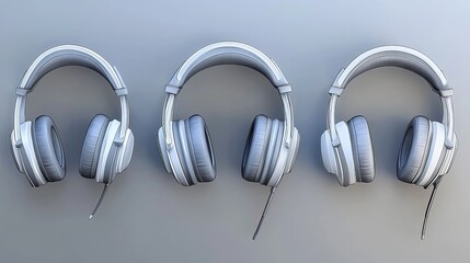 Poster - Three Stylish Modern Headphones Studio Design Professional Audio Music Listening Device Grey White Sketch Realistic Illustration Background art sound style image media   