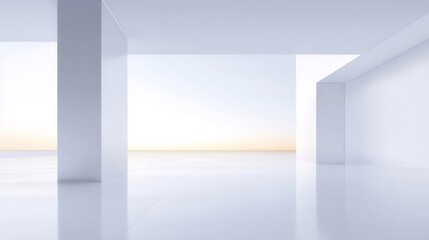 Aufkleber - 白く広々とした空間のミニマリズムデザイン 幾何学的形状と光のコントラストが特徴のモダン建築