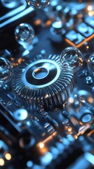 Aufkleber - 近接照明と反射面の青とオレンジの光を持つ複雑な回路基板のクローズアップ